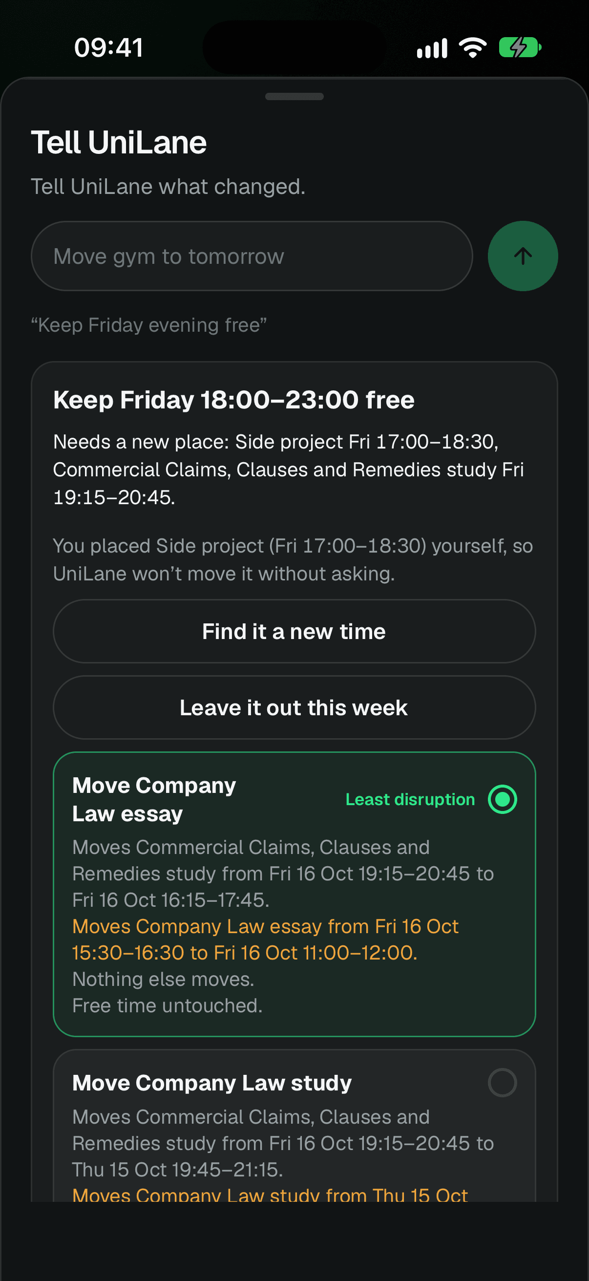 Tell UniLane after “Keep Friday evening free”: two blocks need a new place, and the “Least disruption” option says nothing else moves and free time is untouched.