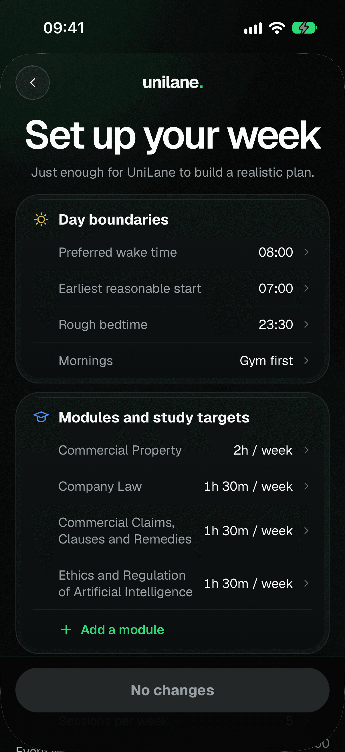 The “Set up your week” screen: wake time, bedtime, mornings, and weekly study targets for each module.