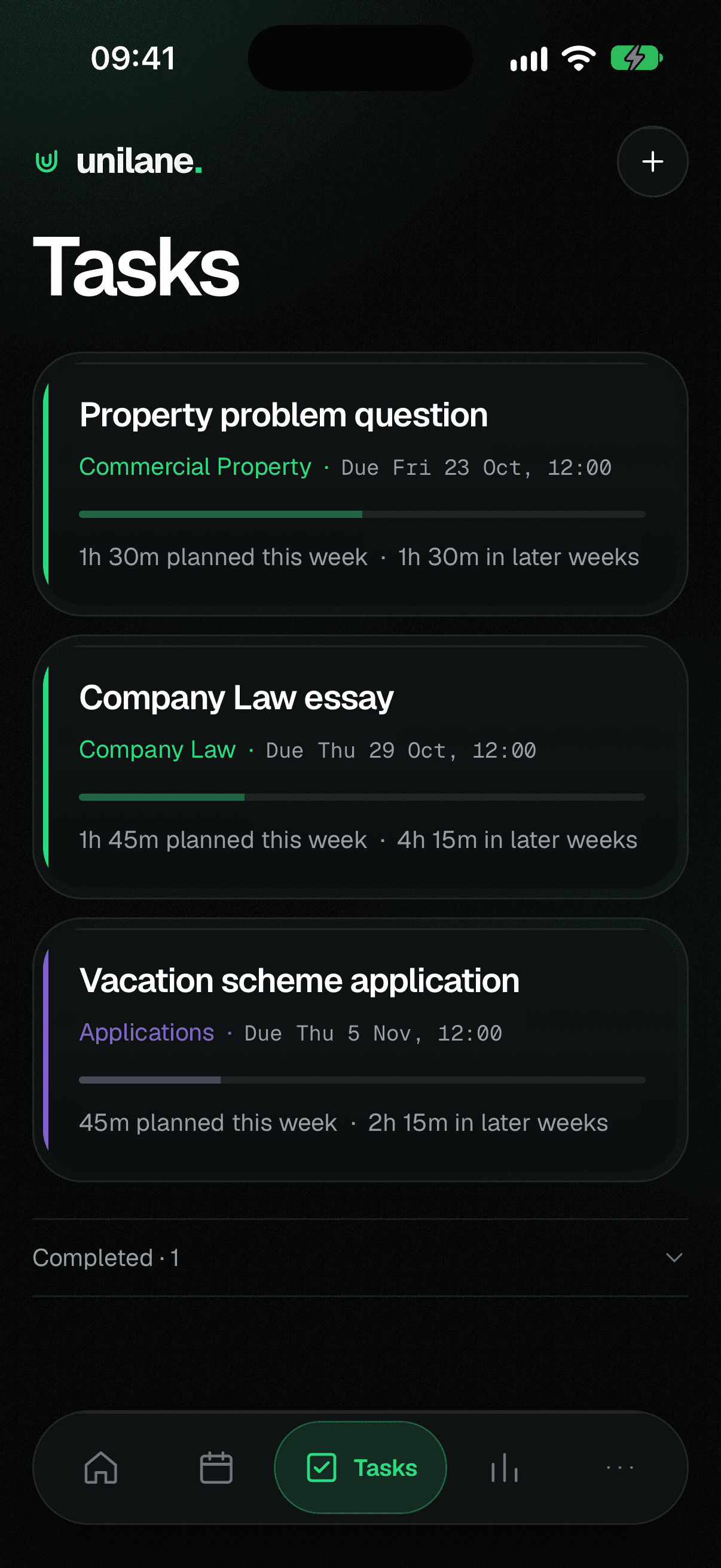 Tasks: three assignments with deadlines, each showing time planned this week and in later weeks.