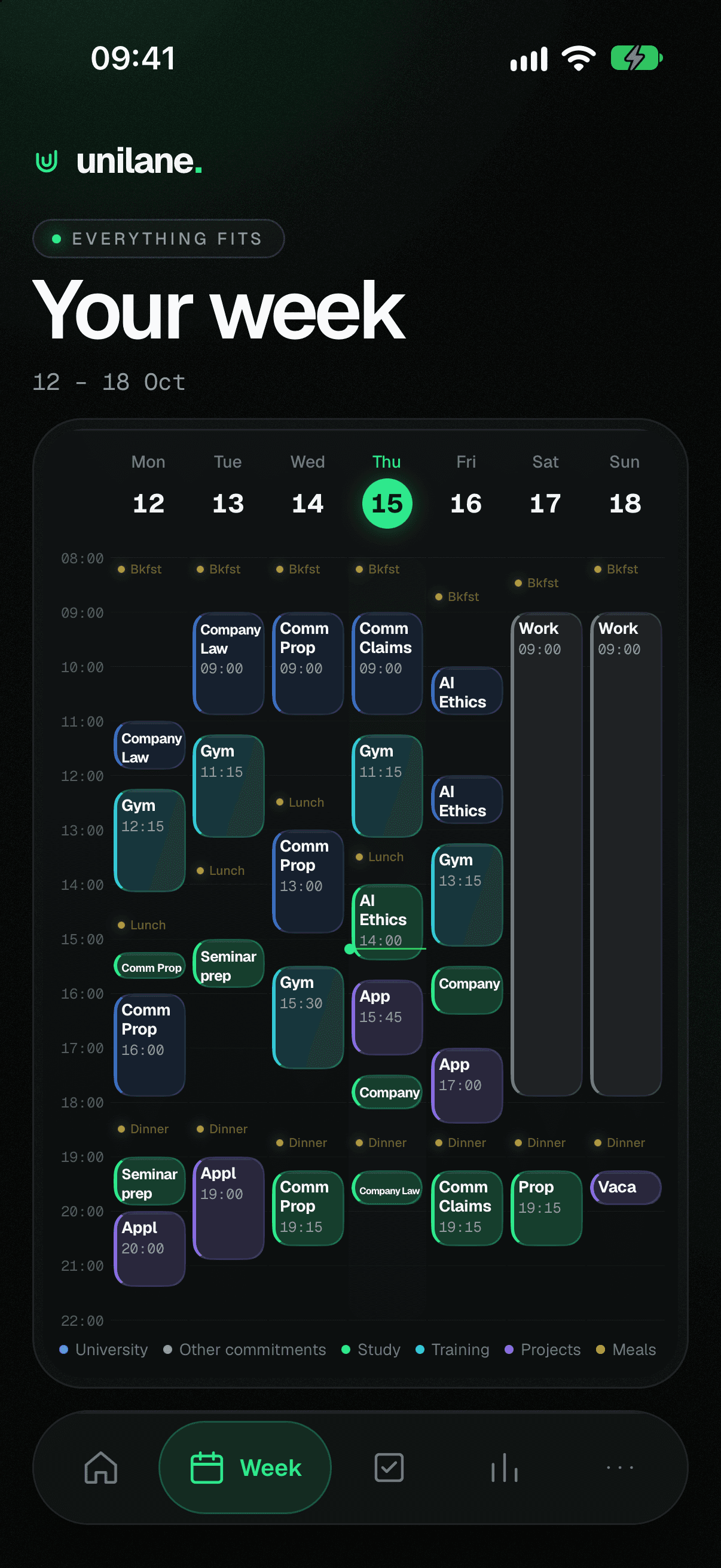 UniLane Week screen: a week from Monday to Sunday with lectures, gym, study blocks, a work shift and meals, labelled “Everything fits”.
