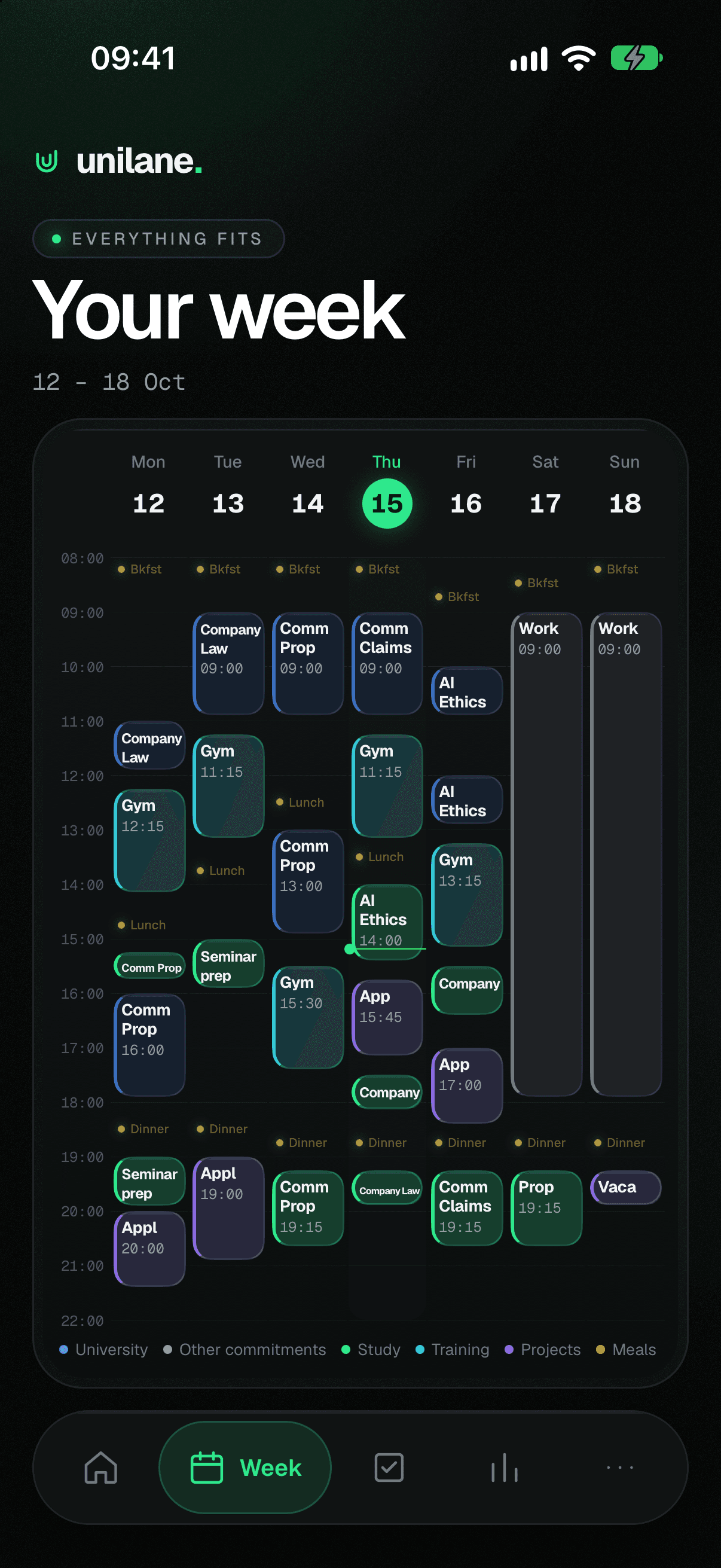 A planned week: lectures in blue, study in green, gym in teal, a Saturday work shift and meals, with a line marking the current time on Thursday.